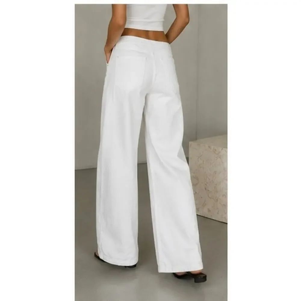 EB Denim White Asymmetric Fold Over Waist Wide Leg Jeans Size 27 Made USA - Picture 4 of 12